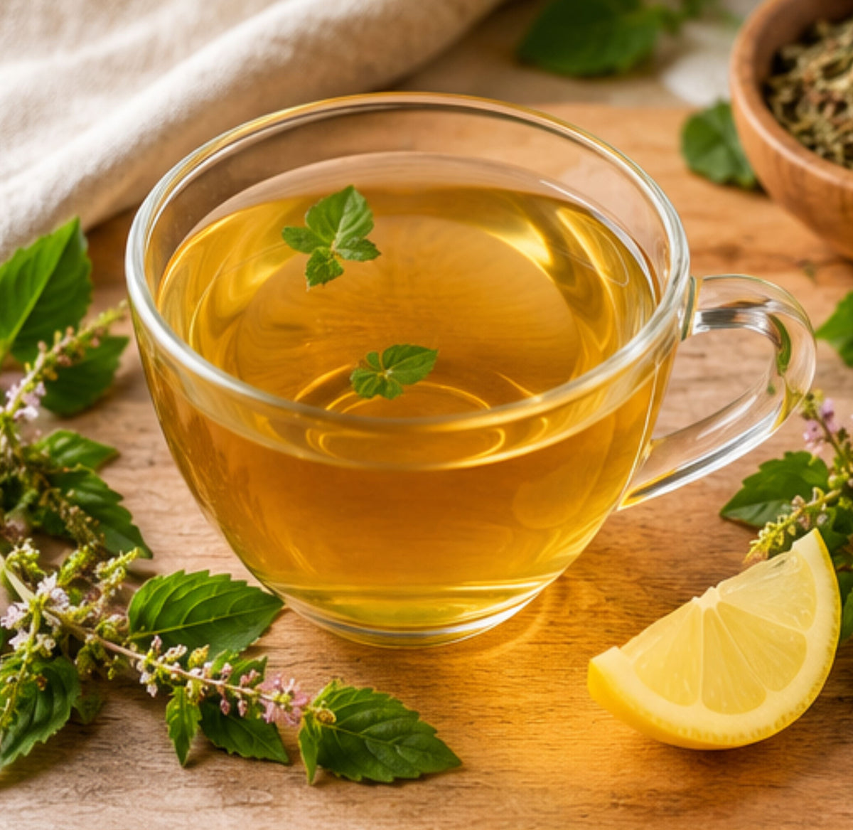 Frisch aufgebrühter Bio Tulsi Tee Lemon Vana in einer gläsernen Teetasse auf einem Holzbrett, dekoriert mit einer Zitronenscheibe und grünen Blättern des Heiligen Basilikums.
