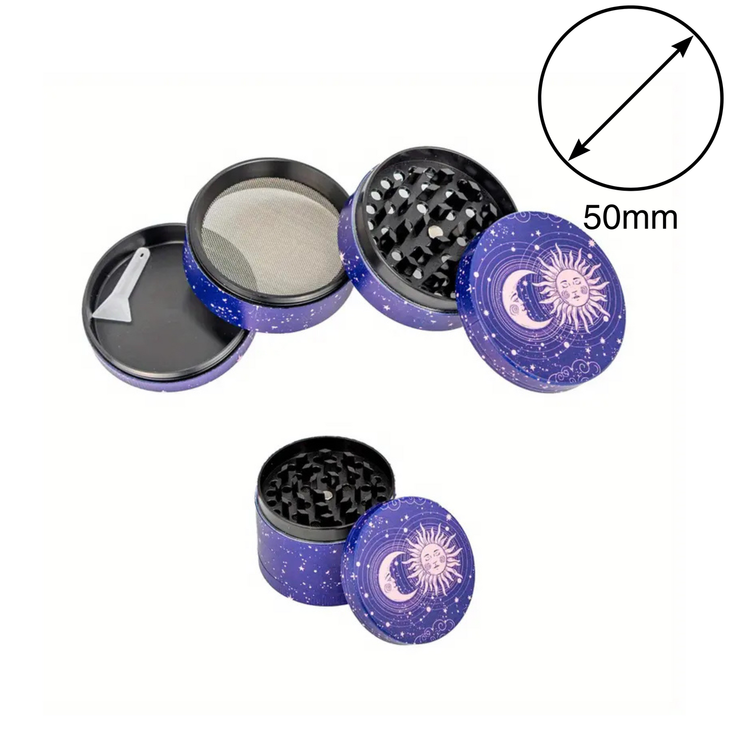 Metall-Grinder/ Gewürzzerkleinerer 4-lagig mit verschiedenen Motiven in unterschiedlichen Größen 50mm oder 63mm Durchmesser inkl. Pollenschieber